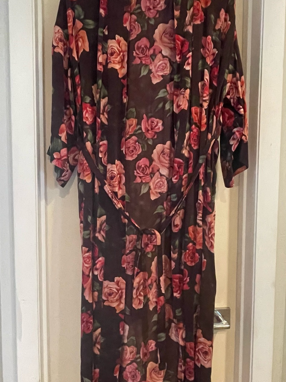 august silk Brown Maxi Kimono Dress with Pink Rose Print